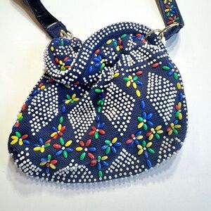 Vintage 60s small beaded blue pouch, primary colors candy dots, 7"x7"
